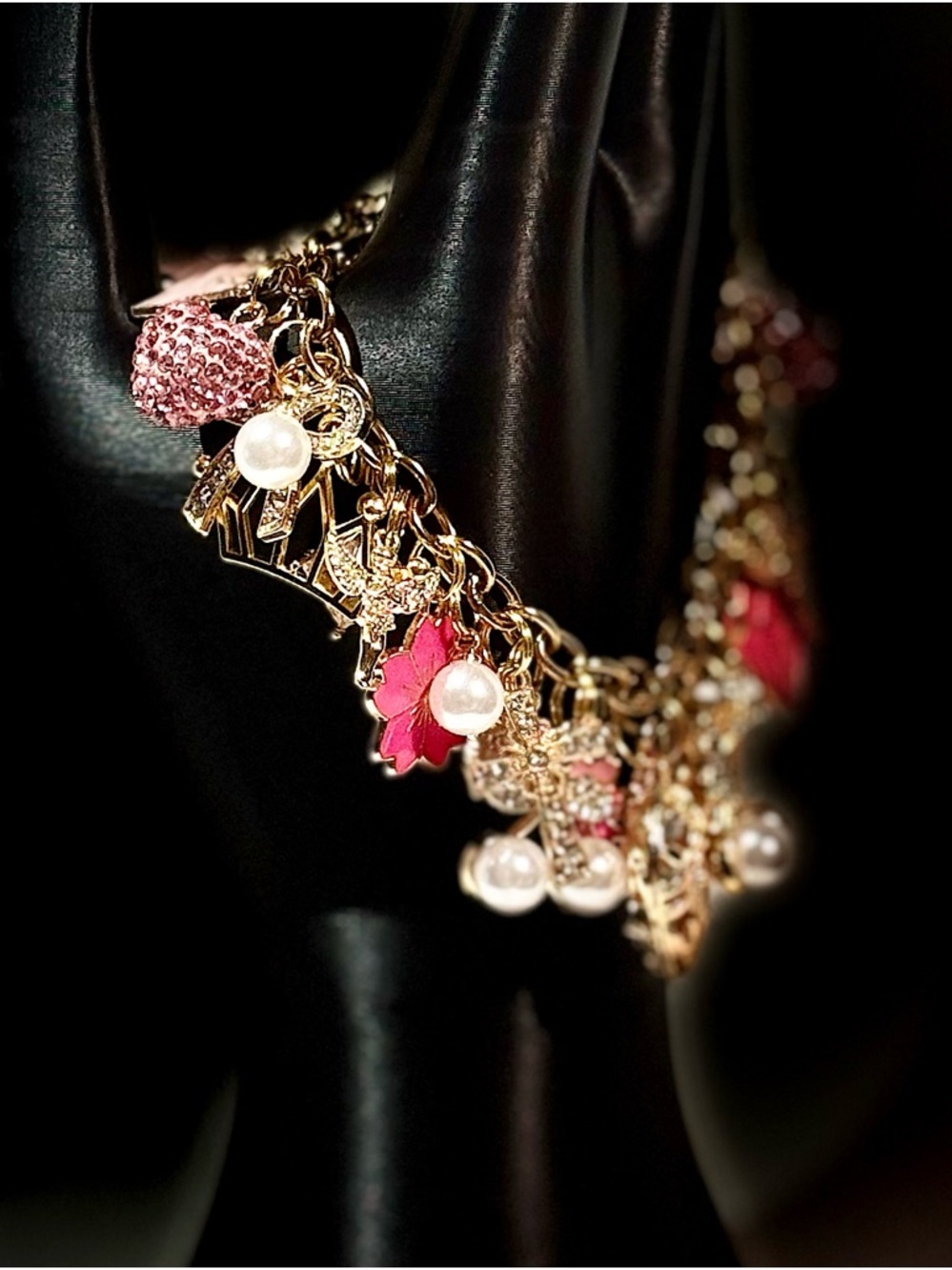 Gold Charm Bracelet with Pink Accents and Pearls - Picture 3 of 5